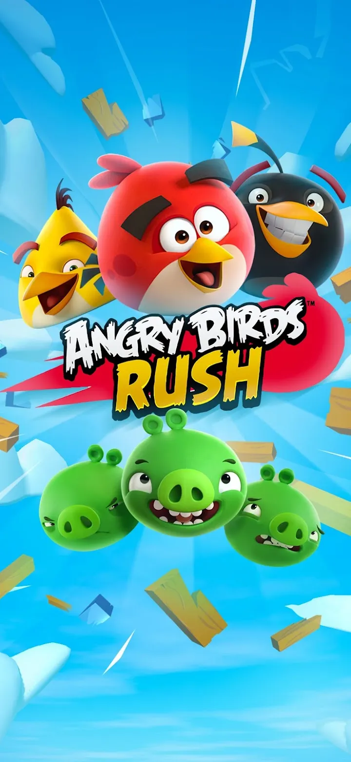 Die Vögel und Schweine aus Angry Birds Rush vor blauem Himmel
