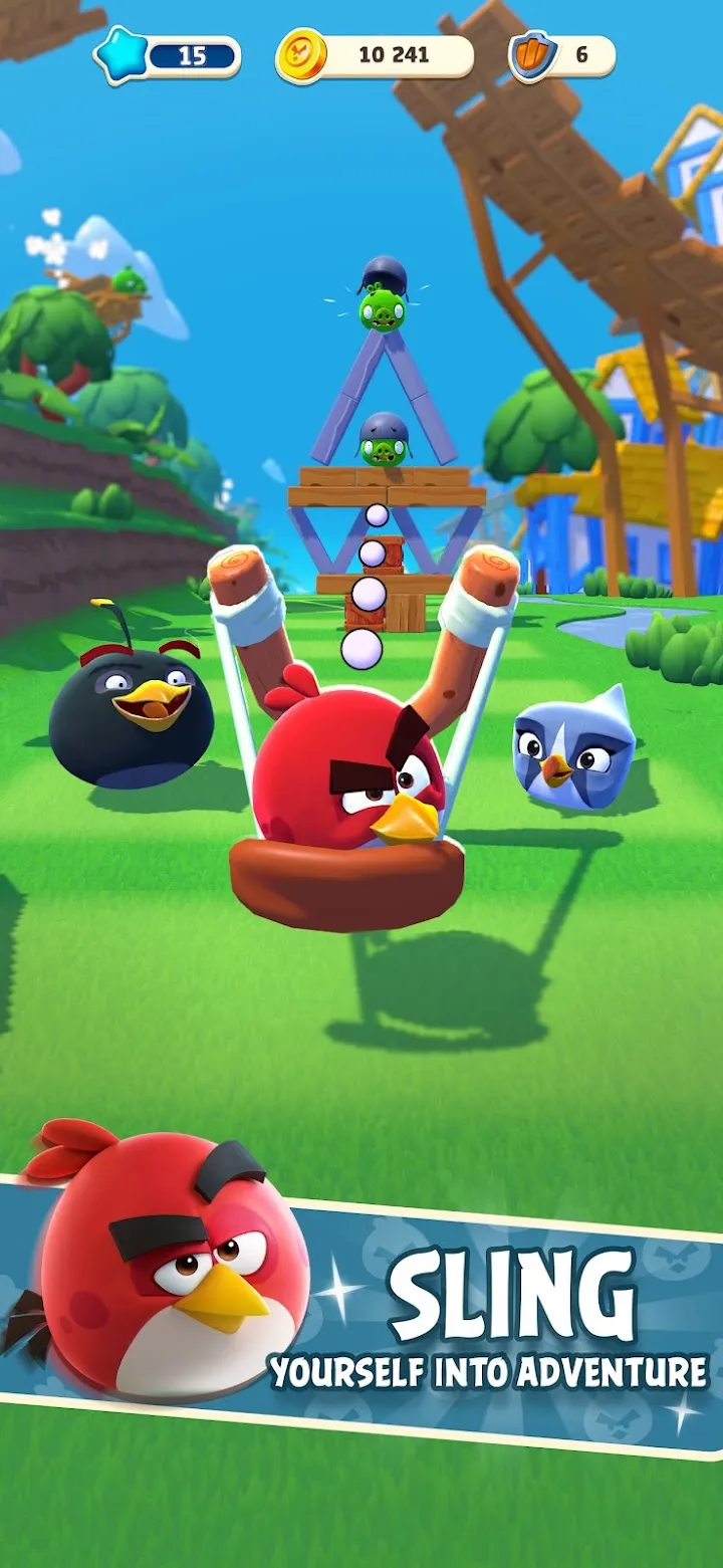 Bunte Spielszene aus Angry Birds Rush mit Schleuder und Bauwerken