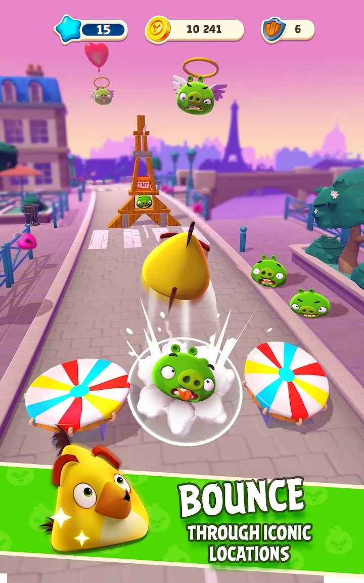 Bunte Figuren aus Angry Birds Rush vor einer Strecke
